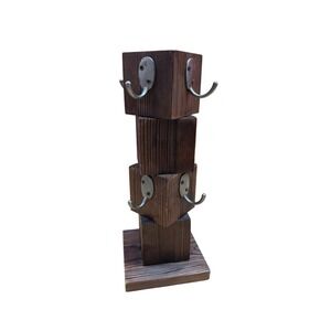 Rustic Stacked Wood Block Mug Tree 8 Hook Jewelry Stand Farmhouse Dark Brown